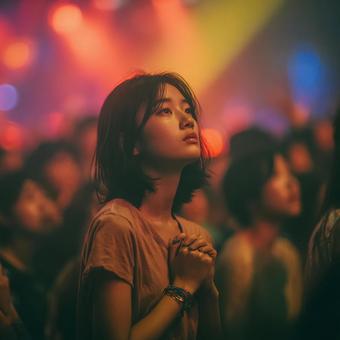 熱気あふれるライブ会場のファン 熱気あふれるライブ会場のファンの写真