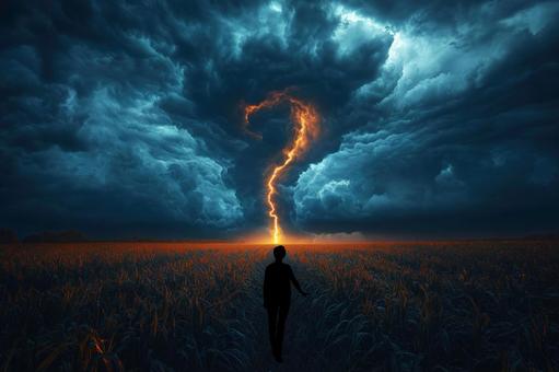 Silhouette of a person walking towards thunderclouds and lightning, mine, lightning, lightning, JPG