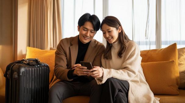 自宅で旅行計画を立てる夫婦 自宅で旅行計画を立てる夫婦の写真