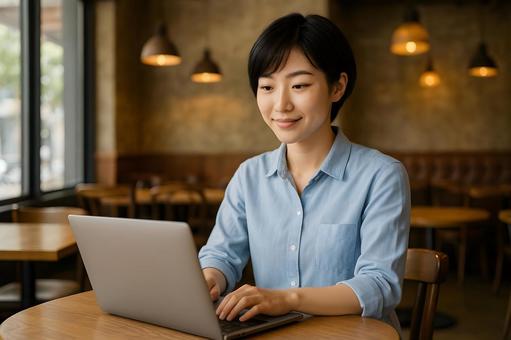 カフェ作業女性 カフェ作業女性の写真