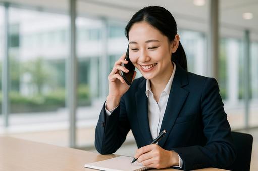 電話応対しながらメモをとる女性社員 電話応対しながらメモをとる女性社員の写真