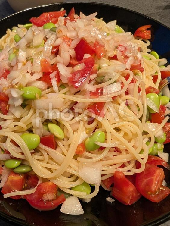 トマトと枝豆の冷製パスタ トマト,枝豆,冷製の写真素材