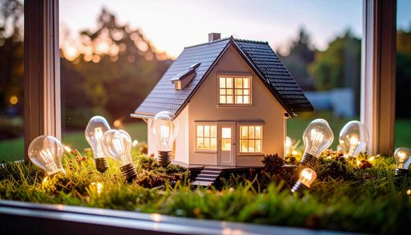 省エネのイメージ 電球とミニチュアの家 省エネのイメージ 電球とミニチュアの家の写真