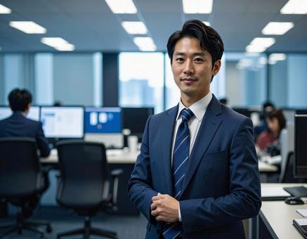 オフィスで微笑み手を組んで佇む社員 オフィスで微笑み手を組んで佇む社員の写真