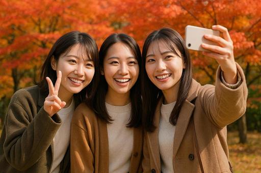 女性3人で紅葉を背景にスマホ自撮り 女性3人で紅葉を背景にスマホ自撮りの写真