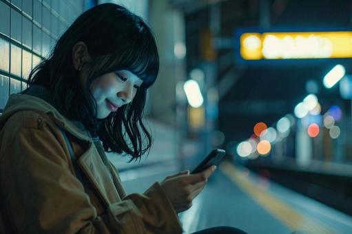 駅のホームで電車を待つ女性 駅のホームで電車を待つ女性の写真