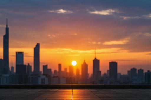 都市の夕焼けと屋上のタイル 都市の夕焼けと屋上のタイルの写真