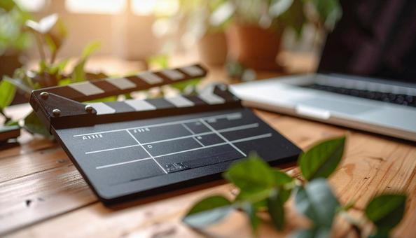 テーブルの上のカチンコとPC 動画製作費 テーブルの上のカチンコとPC 動画製作費の写真