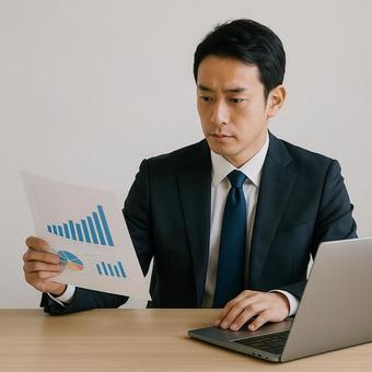 オフィスで財務資料を確認する男性 オフィスで財務資料を確認する男性の写真