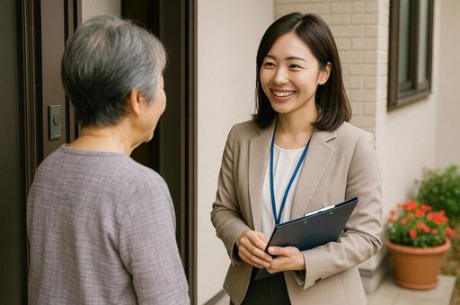 家庭訪問で住民と会話する保健師 家庭訪問で住民と会話する保健師の写真