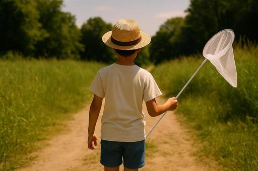 夏の田舎道を歩く少年の写真