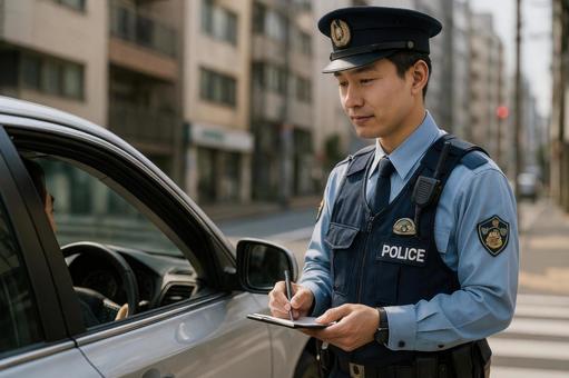交通違反を注意する警察官 交通違反を注意する警察官の写真
