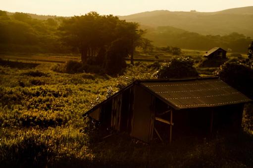 <Goto scenery> Farmland and farm huts at dawn, cabin, field, farmland, JPG