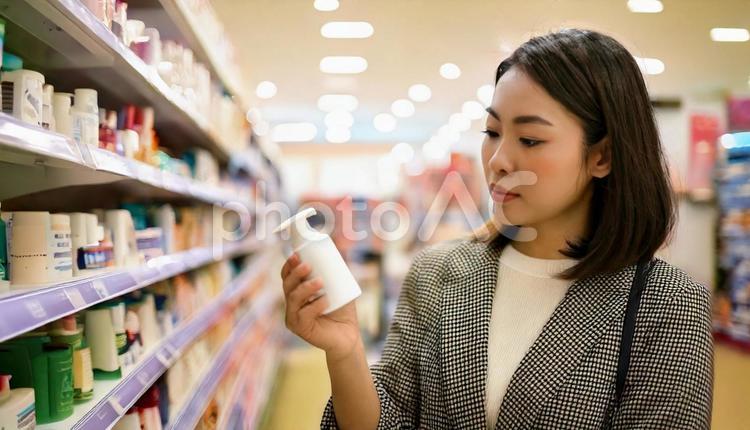 ドラッグストアで薬を手に取って悩む女性 悩む,買い物,女性の写真素材
