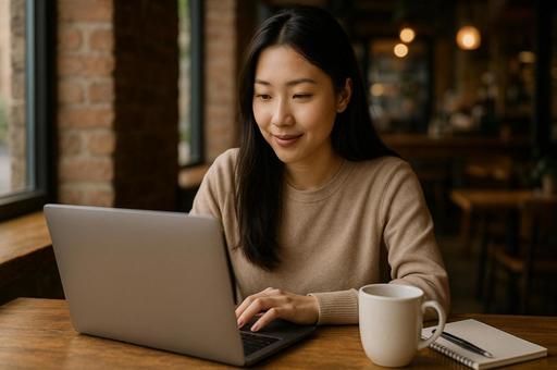 カフェでリモートワークする女性の写真
