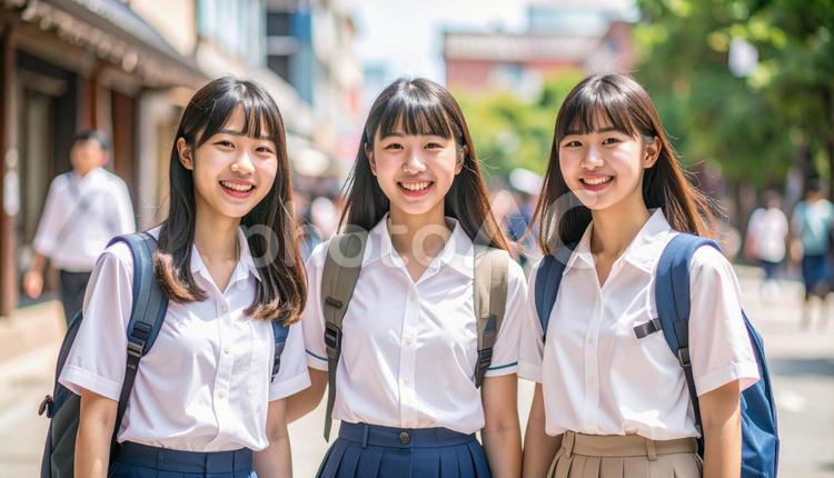 女学生仲良し3人組_街_B 少女,学生,制服の写真素材