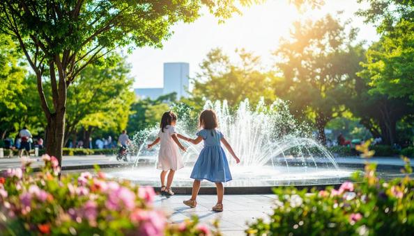 公園の噴水で水遊びする夏の日本人の子供 公園の噴水で水遊びする夏の日本人の子供の写真