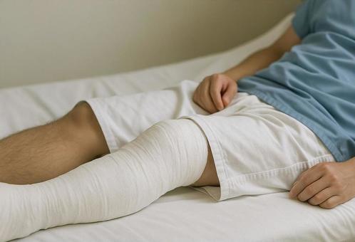 脚に包帯を巻いている男性 脚に包帯を巻いている男性の写真