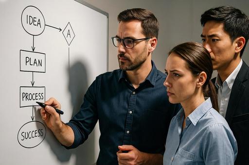 ホワイトボードで議論するビジネスチームの写真