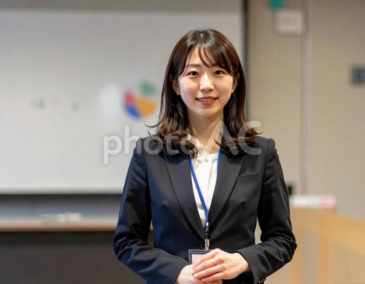 ビジネス研修中のスーツ姿の若者と女性 女性,学生,新卒の写真素材