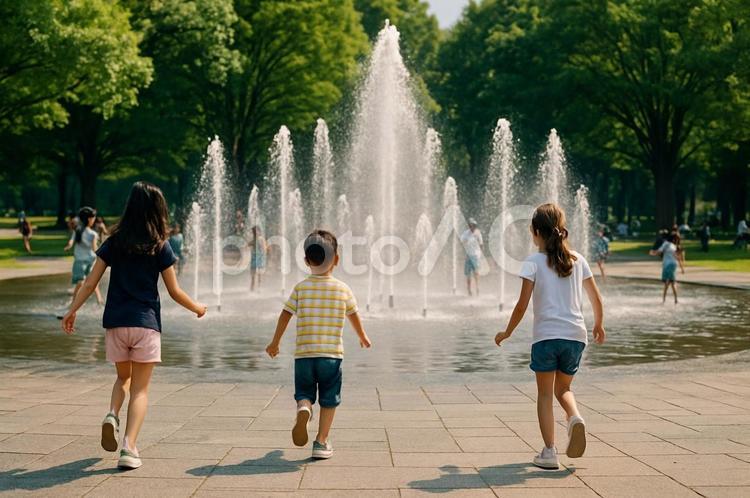 噴水で遊ぶ子どもたちの後ろ姿・夏の水遊び 噴水,水遊び,子どもの写真素材