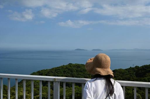 夏の海を眺める女性の後ろ姿 夏の海を眺める女性の後ろ姿の写真