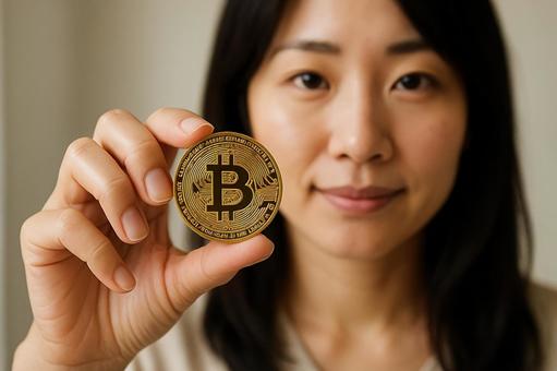 女性の手とビットコイン 女性の手とビットコインの写真