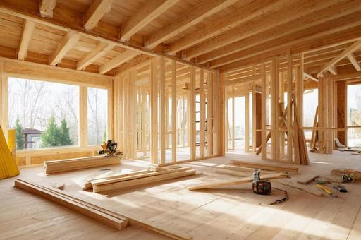 明るい木造住宅の施工現場・建築現場・大工 明るい木造住宅の施工現場・建築現場・大工の写真