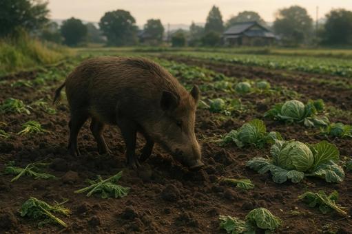 畑を荒らすイノシシ 畑を荒らすイノシシの写真