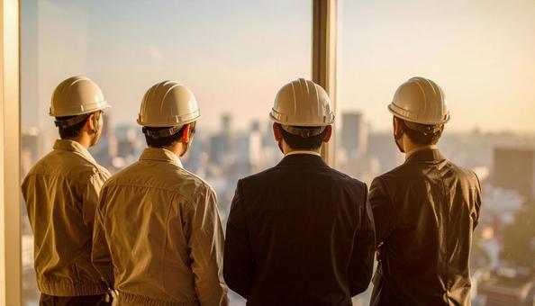 窓から街を見つめる建設作業員の社員の写真