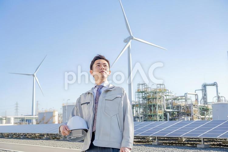 エネルギー産業とビジネスマン ソーラー,風力,発電の写真素材