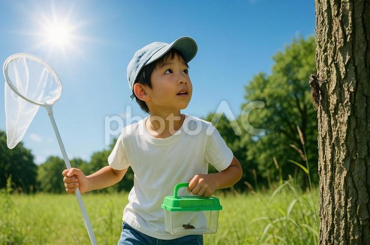 昆虫探しの夏冒険 子ども,夏休み,昆虫採集の写真素材