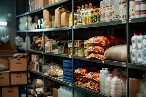 備蓄品が整然と並ぶ防災備蓄庫の写真