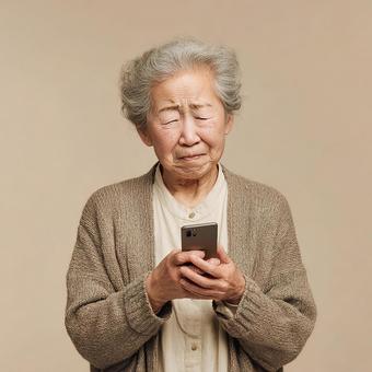 スマホ操作に苦戦するおばあちゃんの写真
