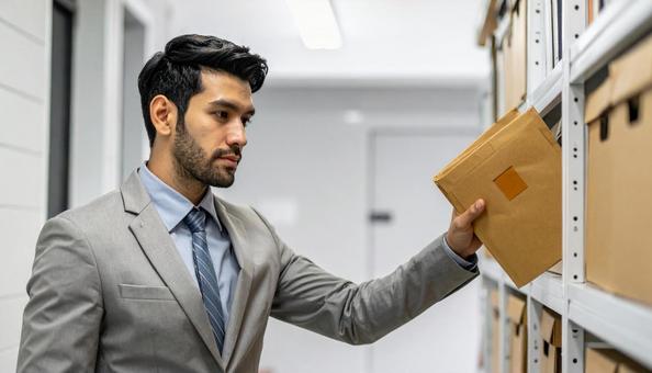 棚にファイリングされた資料を調べる男性の写真