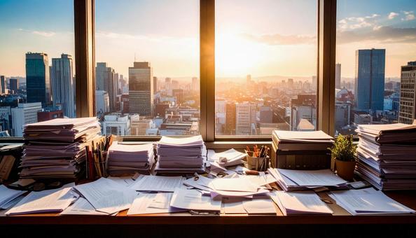 書類まみれの会社の机 書類まみれの会社の机の写真