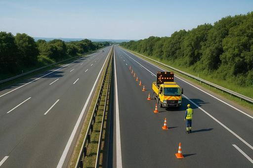 高速道路で工事をする車両と作業員 高速道路で工事をする車両と作業員の写真
