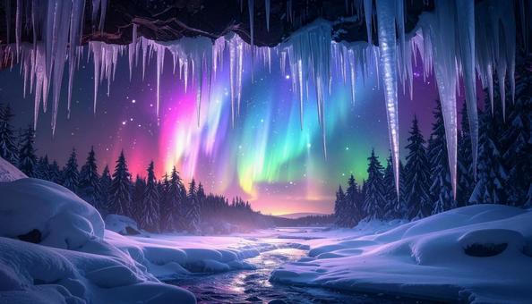 カラフルなオーロラと雪原を飾るつらら カラフルなオーロラと雪原を飾るつららの写真