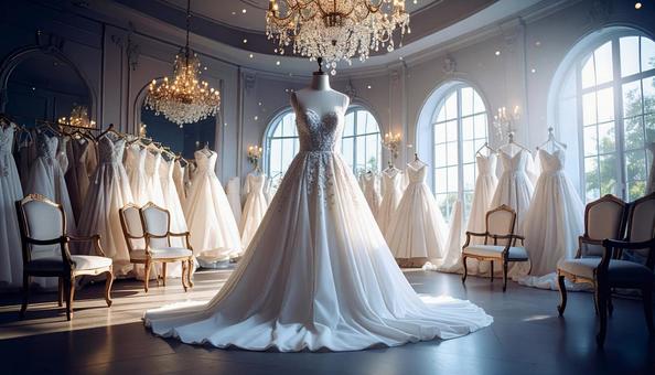 ウェディングドレスがかかる結婚式場の控室の写真