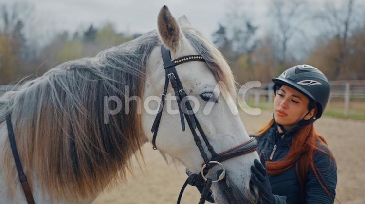 白馬と撫でる騎手の女性　上半身 馬,馬の顔,斜めの写真素材