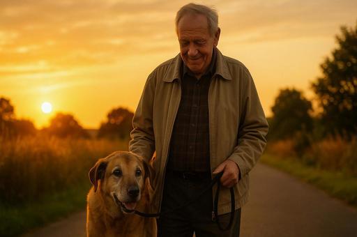 夕暮れ散歩の老犬と男性 夕暮れ散歩の老犬と男性の写真