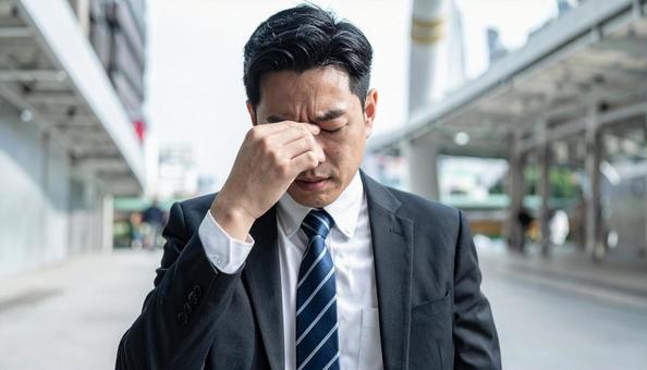 目を手で押さえて苦しむ日本人ビジネスマン 目を手で押さえて苦しむ日本人ビジネスマンの写真