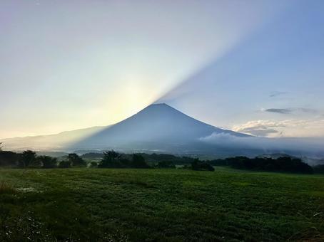 草原から見る朝の富士山 草原から見る朝の富士山の写真