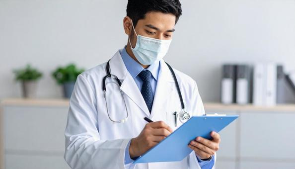 マスクをした医者が診断内容を記載している マスクをした医者が診断内容を記載しているの写真