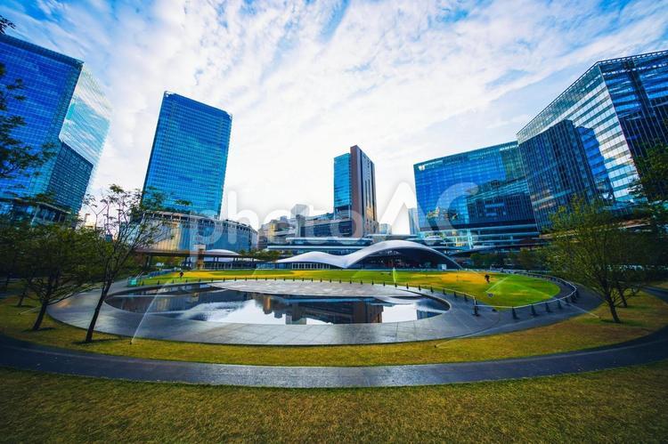 青空と大阪駅北区の都市風景 大阪,大阪市,梅田の写真素材