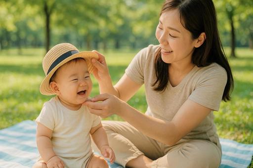 公園で遊ぶ親子の写真