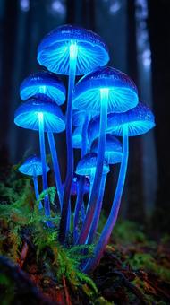 青く光る神秘的なキノコの群生 青く光る神秘的なキノコの群生の写真