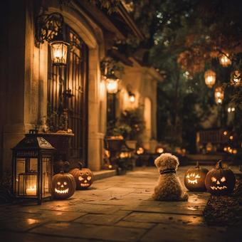 子犬とハロウィンの夜の写真