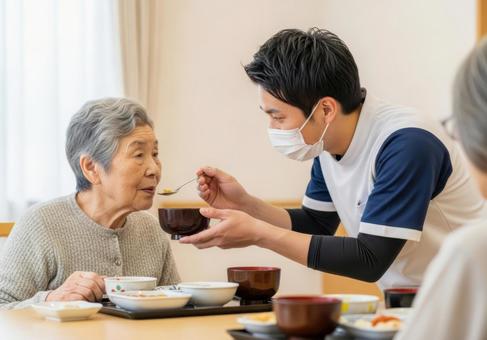 男性介護士が高齢女性に食事介助する場面 男性介護士が高齢女性に食事介助する場面の写真