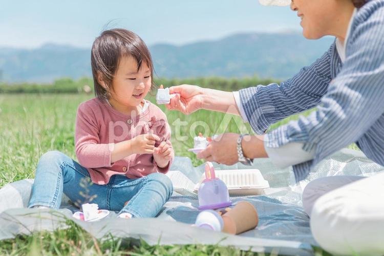 おばあちゃんとおままごとする子供（孫） おままごと,ピクニック,子供の写真素材